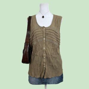 beige gauzy button up sleeveless top boho earthy granola girl